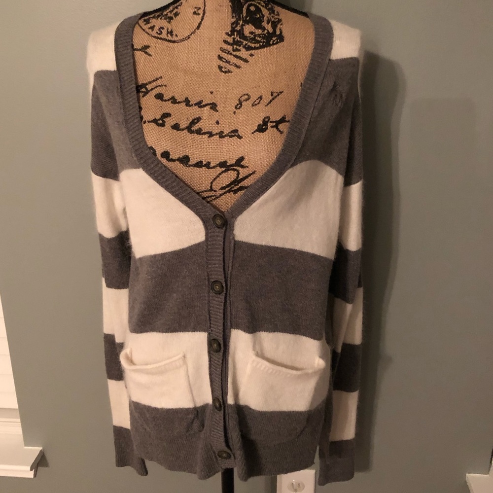 Abercrombie Grey & White Striped Cardigan